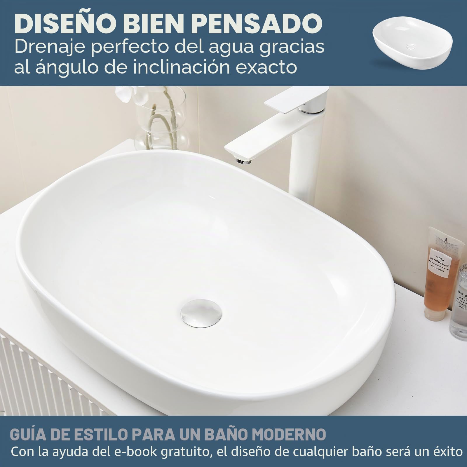 Lavabo ovalado de, 60 x 40 x 15 cm, para baño y aseo de invitados, sin grifo ni rebosadero, color blanco (blanco, 60 x 40 x 15 cm)