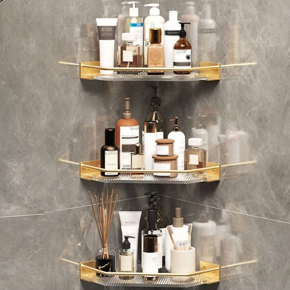 BAHELS Corner Shower Caddy Wall Mounted Bathroom Floating Shelves Triangle Storage Rack Kitchen Acrylic Condiment Wall Shelf Shower
