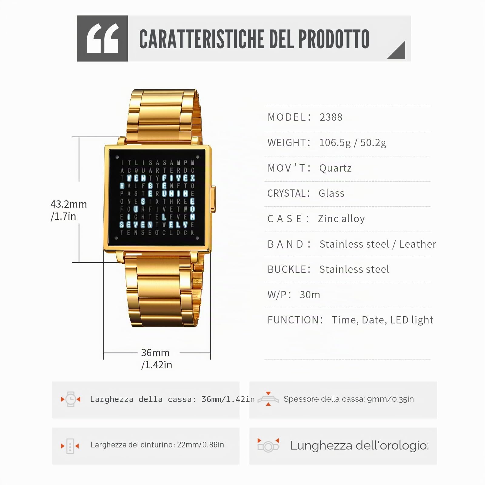 Gosasa Orologio da polso quadrato da uomo, alla moda, creativo, multifunzione, impermeabile, in acciaio inox, cinturino in pelle color oro e argento, regalo per uomo
