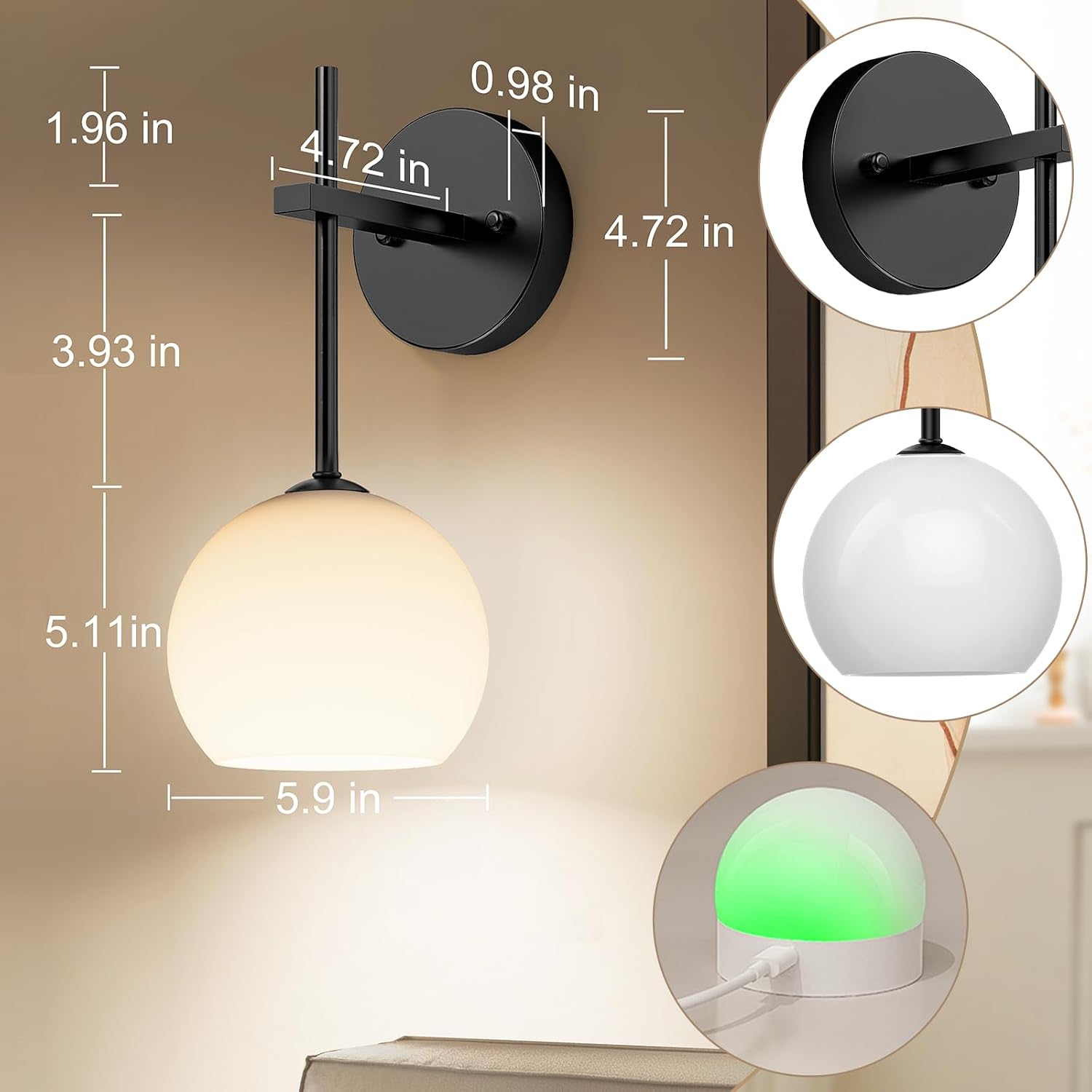 LABOREDUCER Battery Operated Wall Sconces Set of 2, Wireless Wall Sconces Decor Rechargeable Wall Light Indoor with Remote Frosted Glass LED Wall Lamp with 3 Colors RGB for Living Room Bedroom (Black)