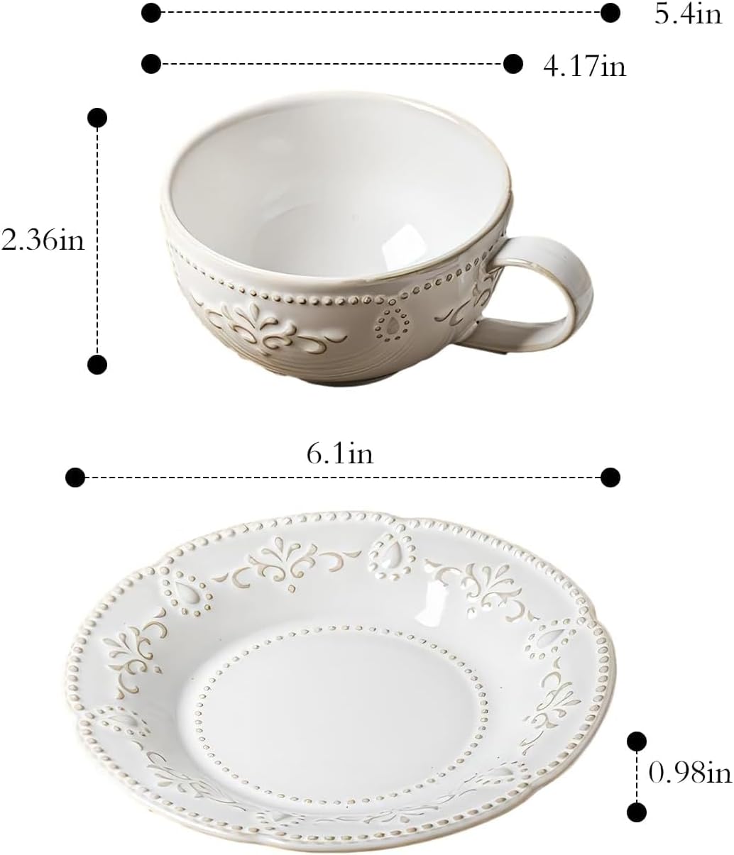 Cappuccino Cups with Saucers, 8oz Ceramic, Set of 4, Arctic White