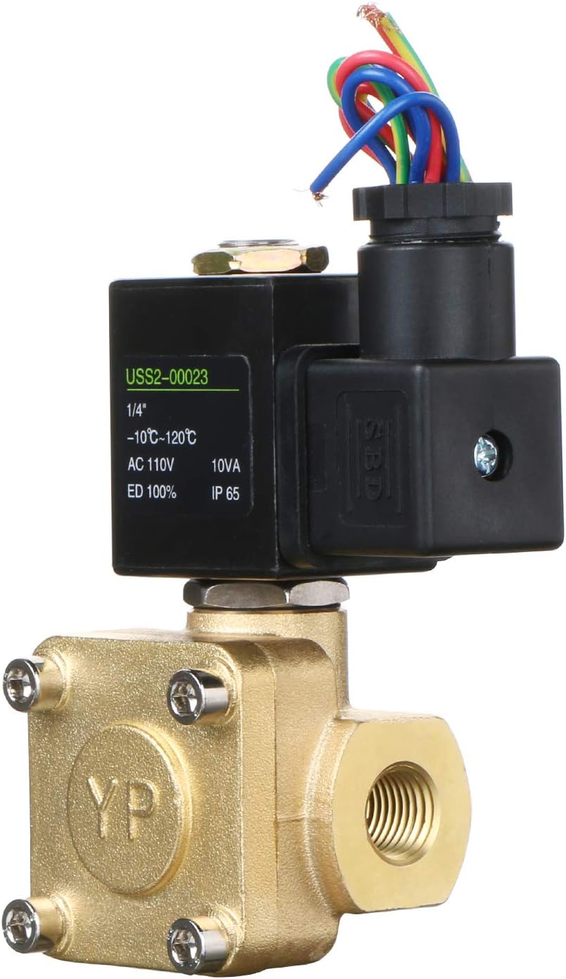 U.S. Solid 1/4" Brass Electric Solenoid Valve, 110V AC Normally Closed, 1.5Cv Flow, VITON Seal, FNPT Threaded, Pilot-Operated, 232 PSI, -10~120°C for Water, Air, Oil