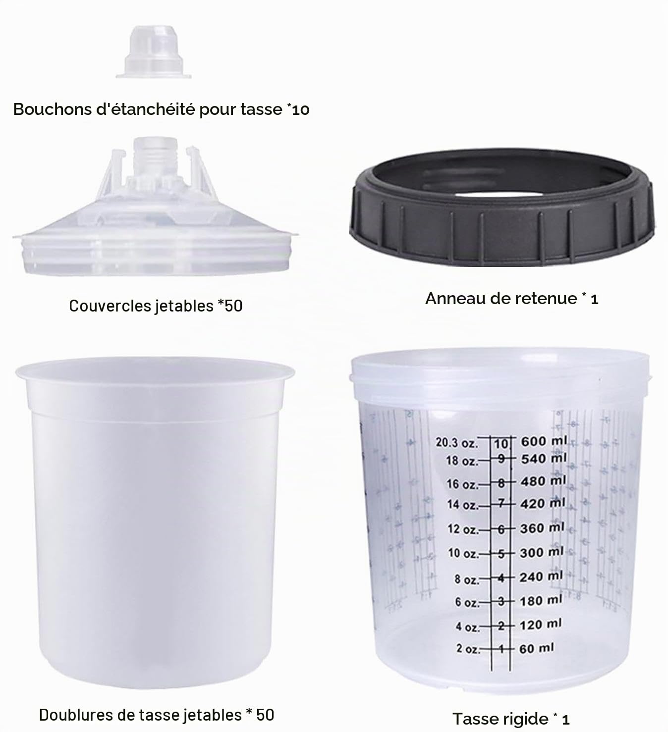Gobelet Mélangeur de Pulvérisateur de Peinture, Gobelet Jetable pour Pistolet à Peinture HVLP, 50 Couvercles Jetables et Liner avec Graduation, 10 Bouchons (600ML)