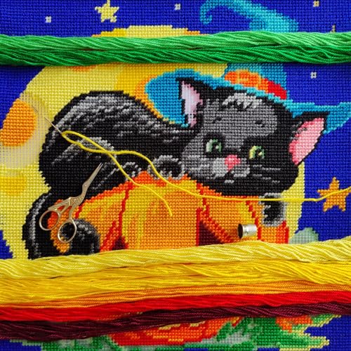 Image of Brvsk Autumn Needlepoint Kit for Adults and Beginners - Halloween Cat 16″ x 16″ with Clear, Precise Printed Design on Cotton Canvas; Includes 2 Needles, Yarn, and Easy-Read Chart