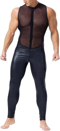 Panegy Mens Faux PU Leather Jumpsuit Shiny Leather Bodysuit Pole Dance Leotard Adult Onesie Singlet