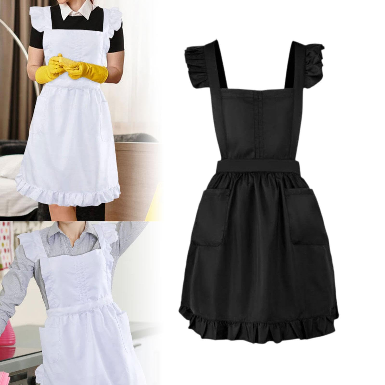 Grembiule retrò con volant regolabile per la casa per ragazze e donne, cucina, cottura, travestimento, cosplay, costume con tasche anteriori, Nero