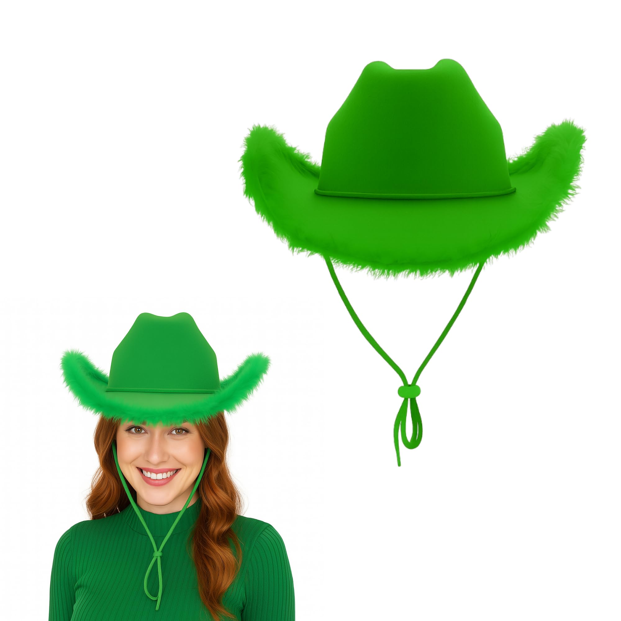 Lizzy Fluffy Texan Cowboy Hat Wide Brim Felt Hat with Feather Trim Western Style Fancy Dress Hat for Parties Festivals Halloween Stag Hen Birthday Costume Accessory Lightweight Comfortable Fit - Green