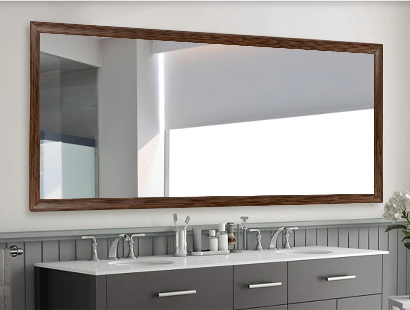 DESOMINOR 32.8Ft Black Border Peel &Stick Wood Grain Wallpaper Border Removable Waterproof Bathroom Mirror Frame Sticker (Dark Brown, 2Inch x 32.8Ft)