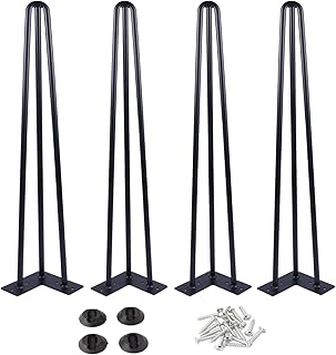 Osring 34 Inch Hairpin Table Legs with 1/2” Dia 3-Rods, Metal Furniture Legs for Coffee Table and Console Table, Mid-Century Black Hairpin Legs with Hairpin Floor Protector Feet, 4 Pack