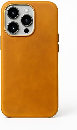 Leather Phone Case, Compatiable with iPhone - Black // Tan, Snaps to MagSafe, Ultra-Sleek, Metal Buttons, Raised Metal Camera Frame Tan, iPhone 14