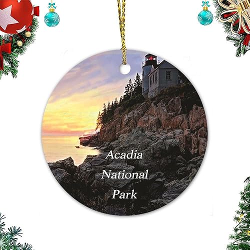 Adornos de bolas de Navidad, faro de puerto bajo, Parque Nacional Acadia, Maine, adornos de cerámica de paisaje de EE. UU., adorno de árbol de