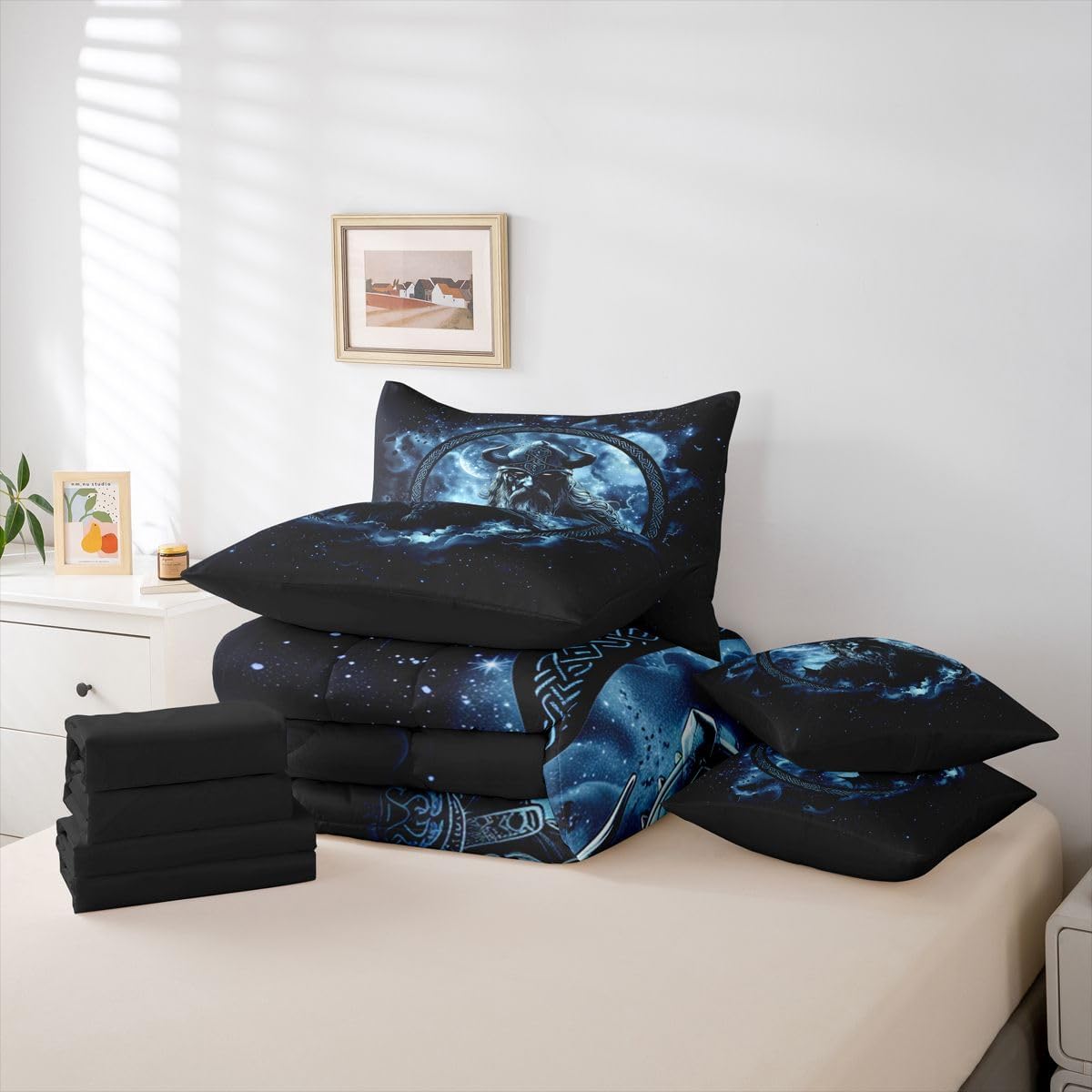 Erosebridal Blue Viking Queen Comforter Set with Sheets 7 Piece Ancient Nordic Warrior Bed in A Bag Geometric Viking Symbol Bedding Sets for Men Adults Norse Mythology Starry Sky Bed Set