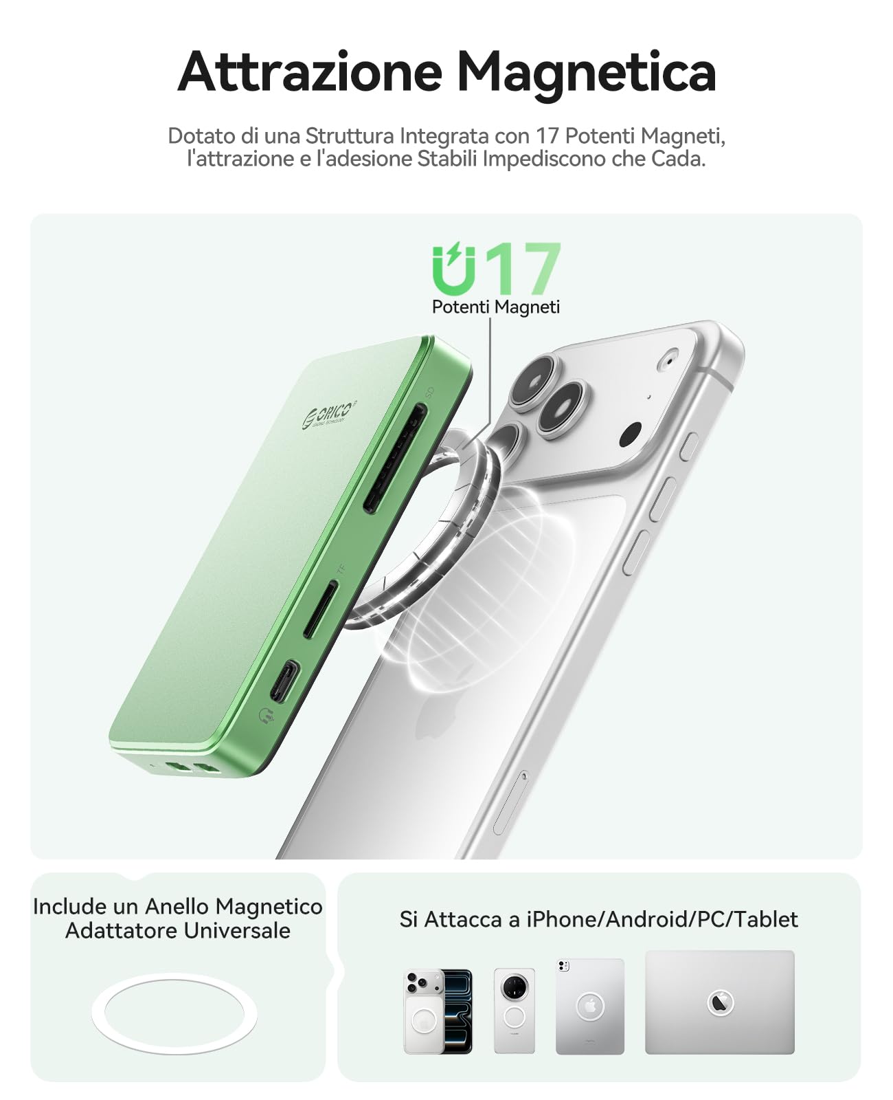 ORICO 10Gbps Magnetico M.2 NVMe SSD Case con USB-C Dock Supporta Registrazione ProRes per iPhone 17/16/15 Pro/Max/Plus TF/SD Slot PD 100W per Formati 2230/2242/2260/2280 B+M M-Key Disless AP80F Blu
