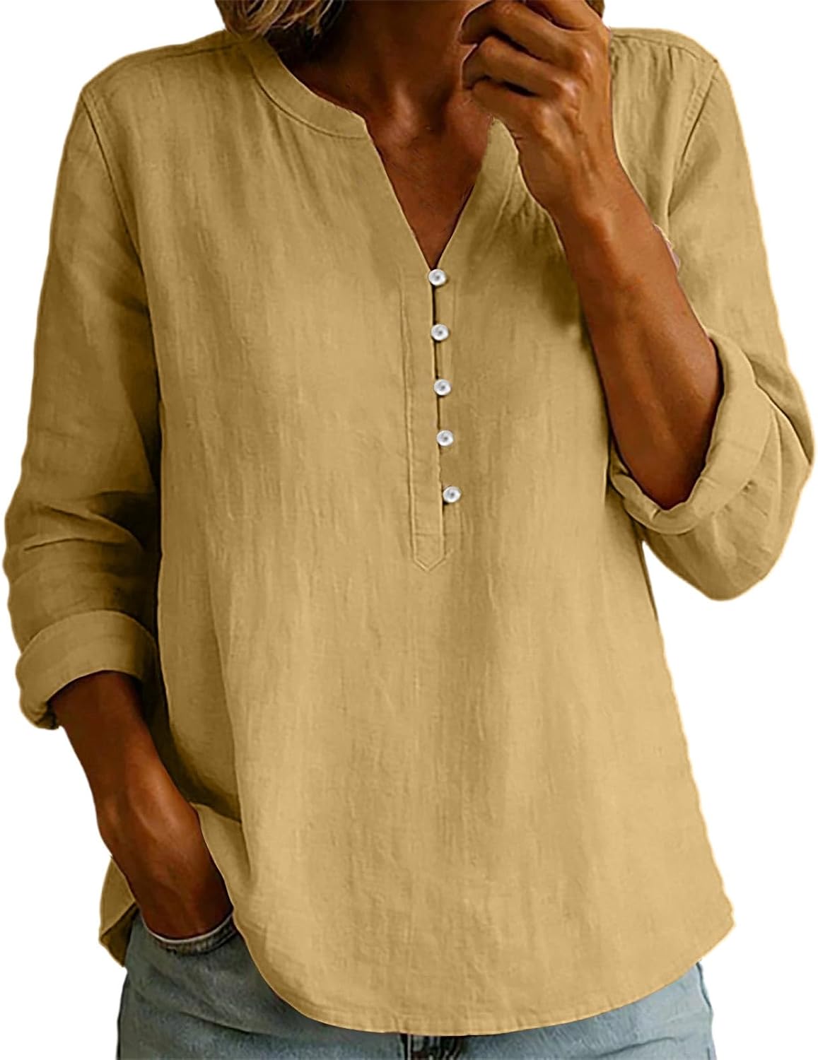 Henley Shirt for Women V Neck Button Up Long Sleeve Casual Cotton Linen Top | Relaxed Fit Blouse with Notched Collar Button Placket, Breathable Cotton Linen, Roll Up Sleeve, for Work Travel Weekend
