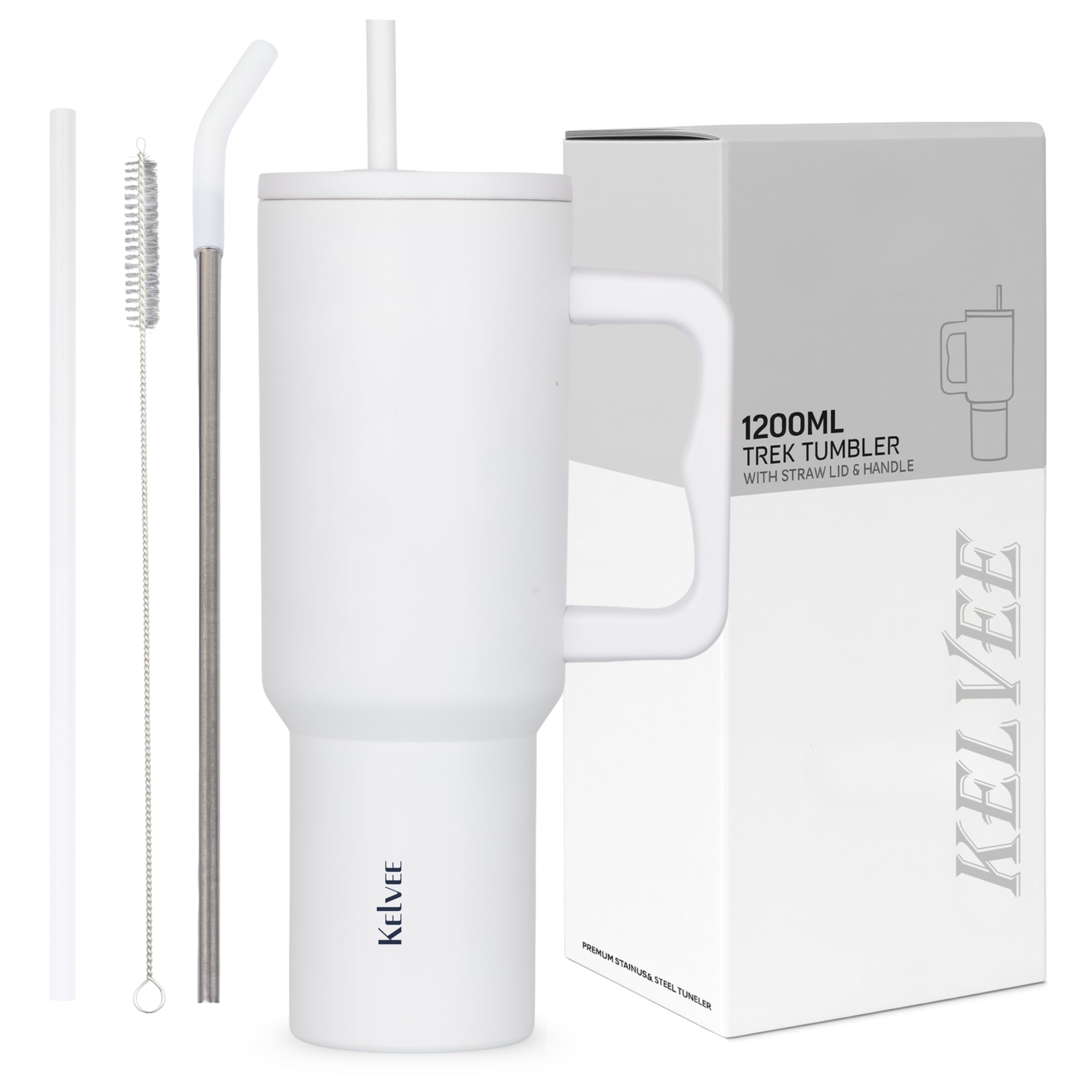 KELVEE 40oz Tumbler with Handle and Straw Lid, Reusable Cup Leakproof Iced Coffee Sipper Mug for Keeping Beverages Water Hot or Cold,Perfect for Travel, Gym 1.2L (White)
