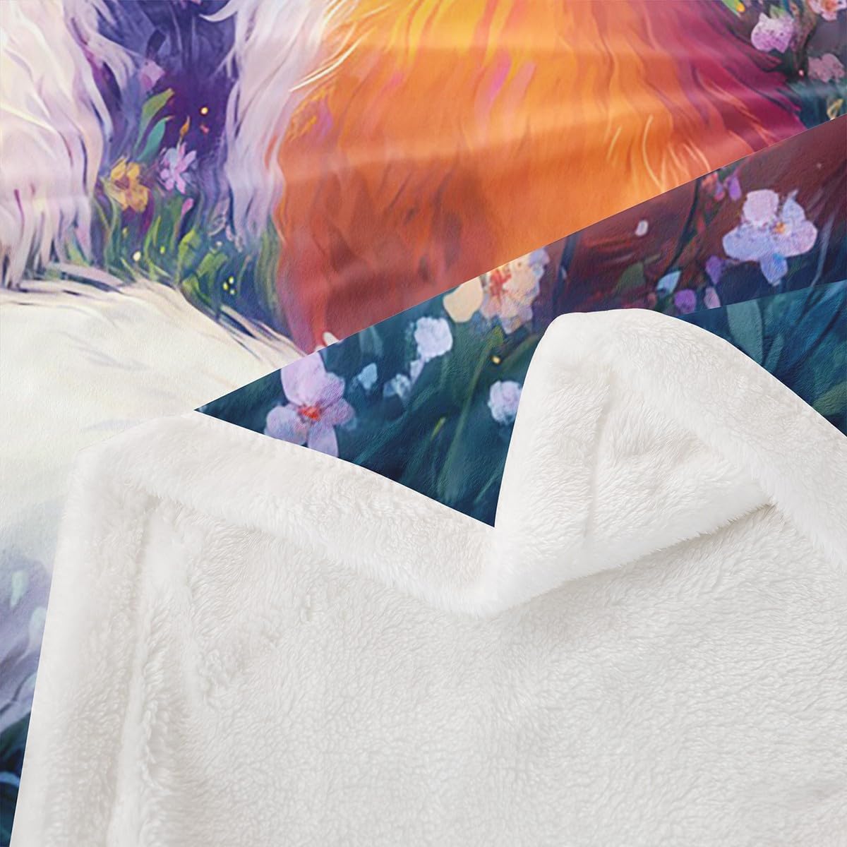 Castle Fairy Jungle Fox Sherpa Blanket Romantic Fox Couple Lightweight Polyester Blanket Valentine's Day Fleece Blanket Dreamy Watercolor Flowers Bed Blanket Queen for Home Bedroom Sofa Bed