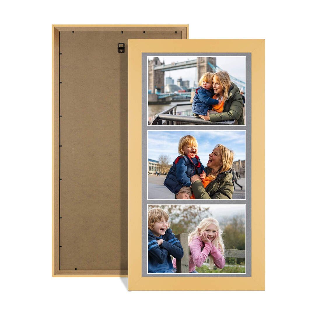 Procut Global 16X8 Mustard Yellow Photo Frames For Multiple Pictures with Mid Grey Mount-Modern Collage Frame with 3 Apertures (3x) 7X5-Engineered Wood with Shatterproof Perspex — image 1
