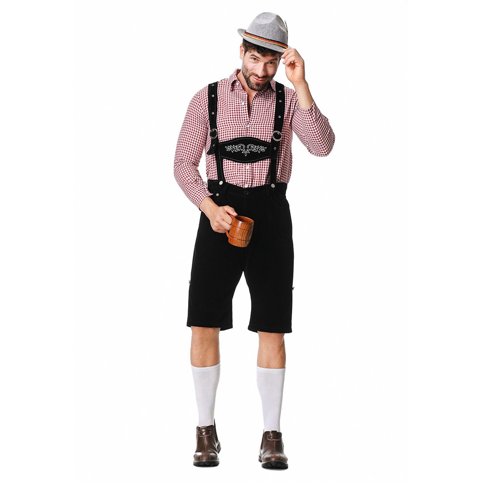 Oktoberfest Herren Outfit, Lederhose Herren Tracht Set 3 Teilig mit Trachtenhemd Langarm, Trachtenhose Kurz mit Träger und Trachtenhut mit Feder. Trachtenlederhosen Trachtenset Komplett für Bierfest