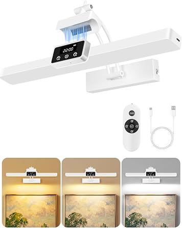 OUTON Rechargeable Picture Light with Remote & Touch, 15.7" Magnetic, Battery Operated, 3 Color Temperatures Dimmable, Clock, Timer, Memory, Power Indicator, Wireless Art Light for Wall, White