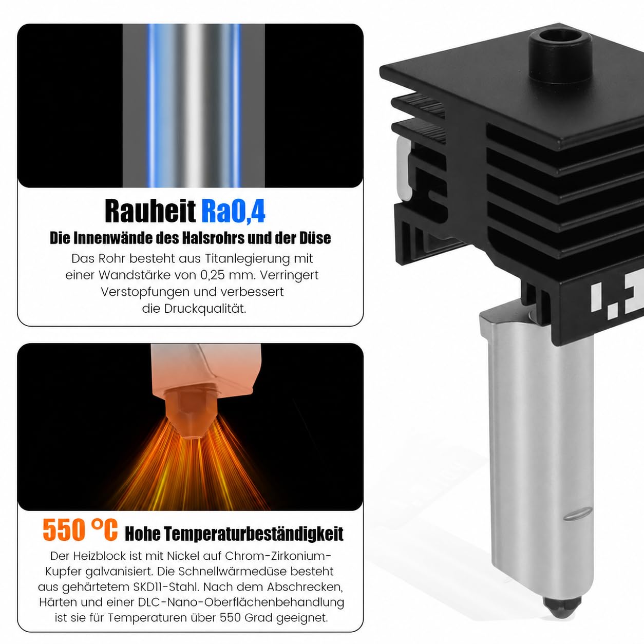 2-Pack 3D-Drucker Hotend-Kit 0,4mm Upgrade gehärtete Stahldüse Ersatz für P2S/H2D/H2S/A1/A1, mit 4PCS Silikon Abdeckung, Bis 550°C Hochtemperatur Magnetischer Schnellwechsel-Extruder
