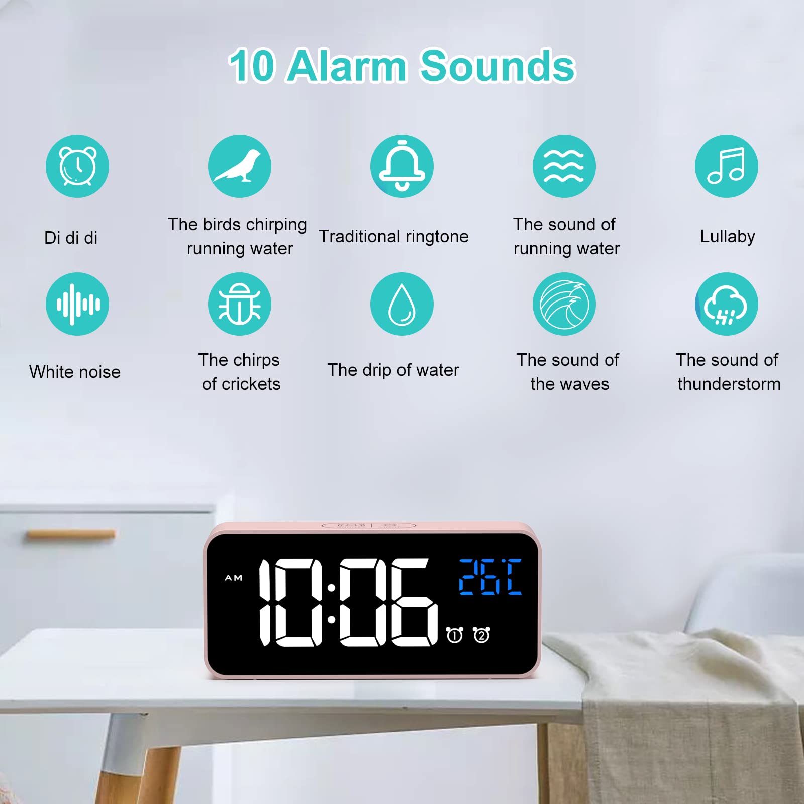 HERMIC Sveglia Digitale, Sveglia da Comodino con Temperatura, Orologio Digitale con 2 Allarme, Snooze, 4 Livelli di Luminosità, Controllo Vocale, USB Ricaricare, Sistema 12/24 Ore (Rosa)