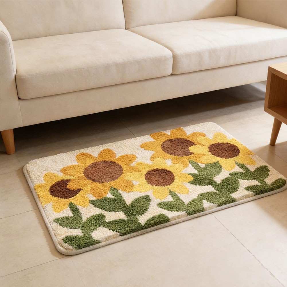 Fluffy Absorbent Flower Bathroom Rug Washable, 32" x 20" Bath Mat for Bathroom Non Slip, Soft Tufted Rug Flower Bath Mat Home Decor, Sunflower