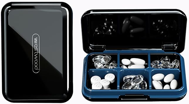 DUBSTAR Small Pill Box Travel Pill Case with 6 Compartments, L-Black | Daily Pill Organizer, Moisture Waterproof Pill Container for Purse, Daily Compact Medicine Holder for Vitamins & Medication