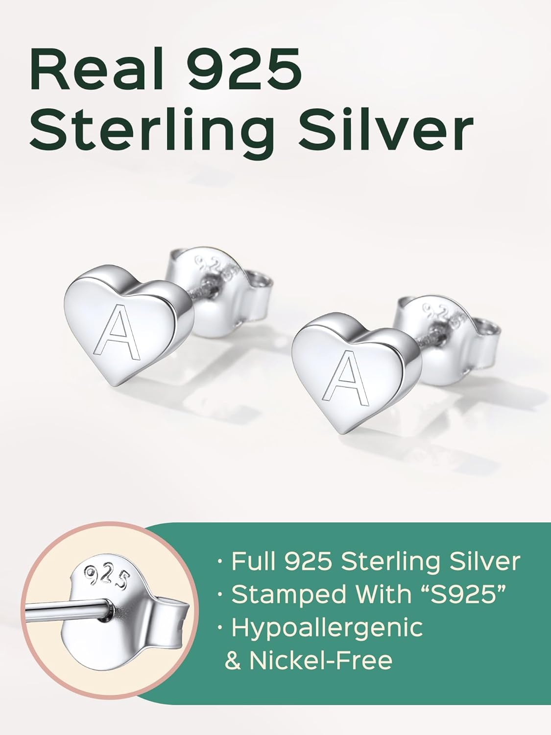 ChicSilver Hypoallergenic 925 Sterling Silver Heart Initial Stud Earrings for Women Sensitive(with Gift Box) - Image 4