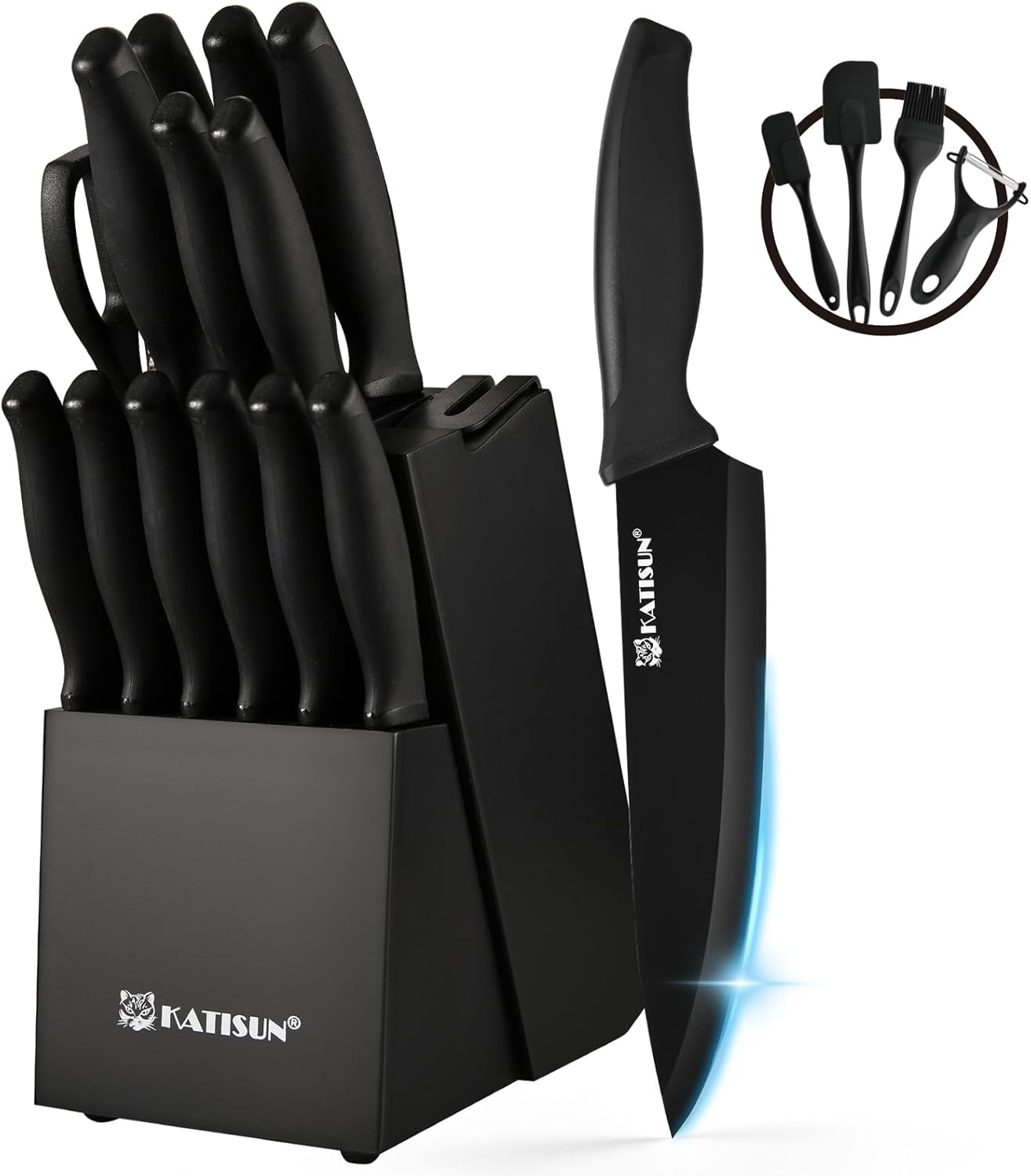 19-Piece Stainless Steel Kitchen Knife Set, Built-in Knife Sharpener, Dishwasher Safe, Ergonomic Non-Slip Handles, 6 Steak Knives, Black