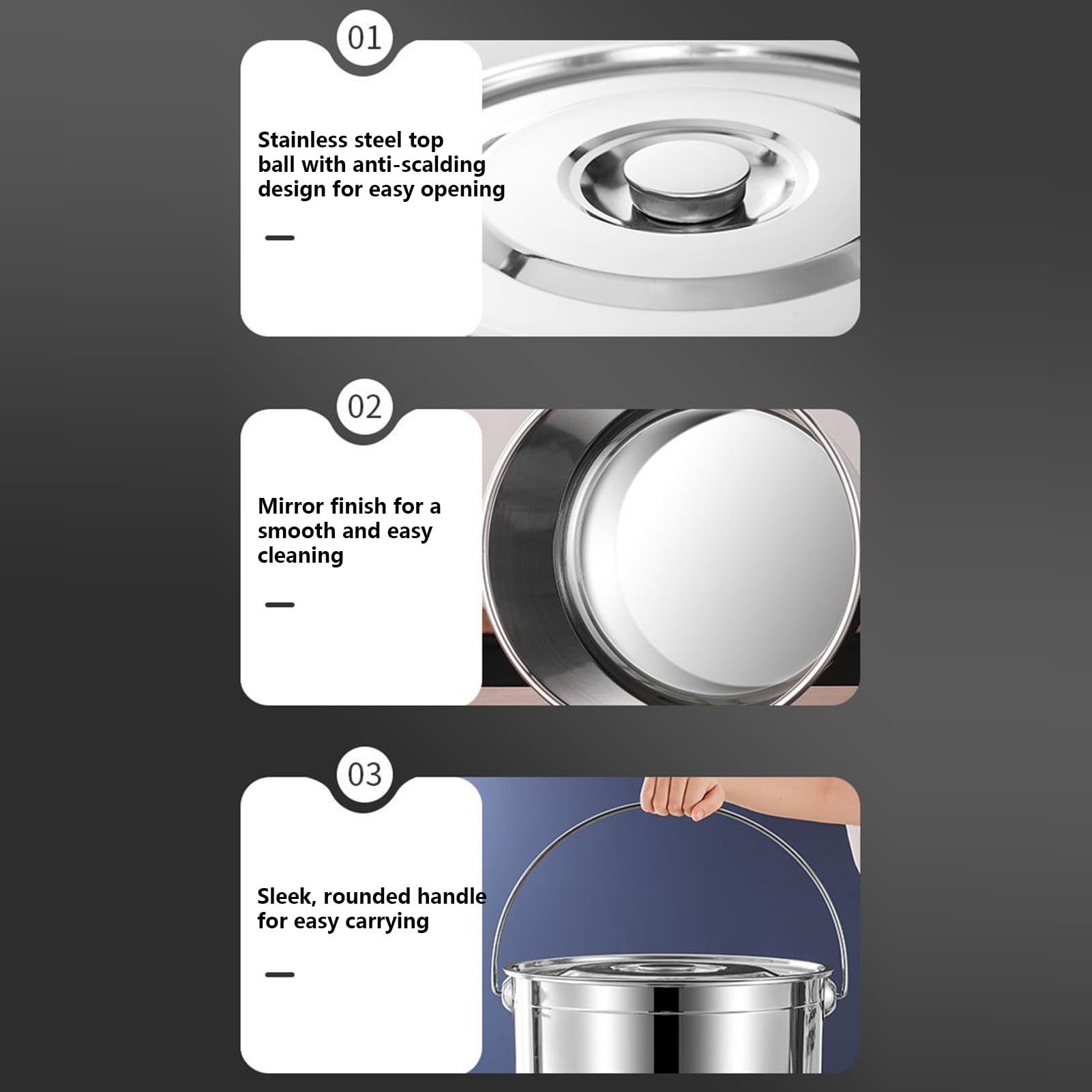 Edelstahl Eimer mit Deckel, Luftdichter Vorratsbehälter für Mehl & Getreide, Tragbarer Milcheimer, Lebensmittelechter Küchenbehälter für Reis, Wasser & Tierfutter, Silber