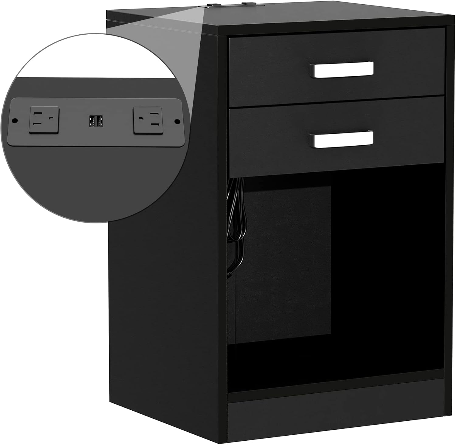 Ahvqevn Black Nightstand with Charging Station, Bedside