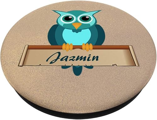 Miniatura 2 de Diseño de búho jazmín con nombre personalizado, color azul y marrón  PopSockets agarre y soporte para teléfonos y tabletas, Negro