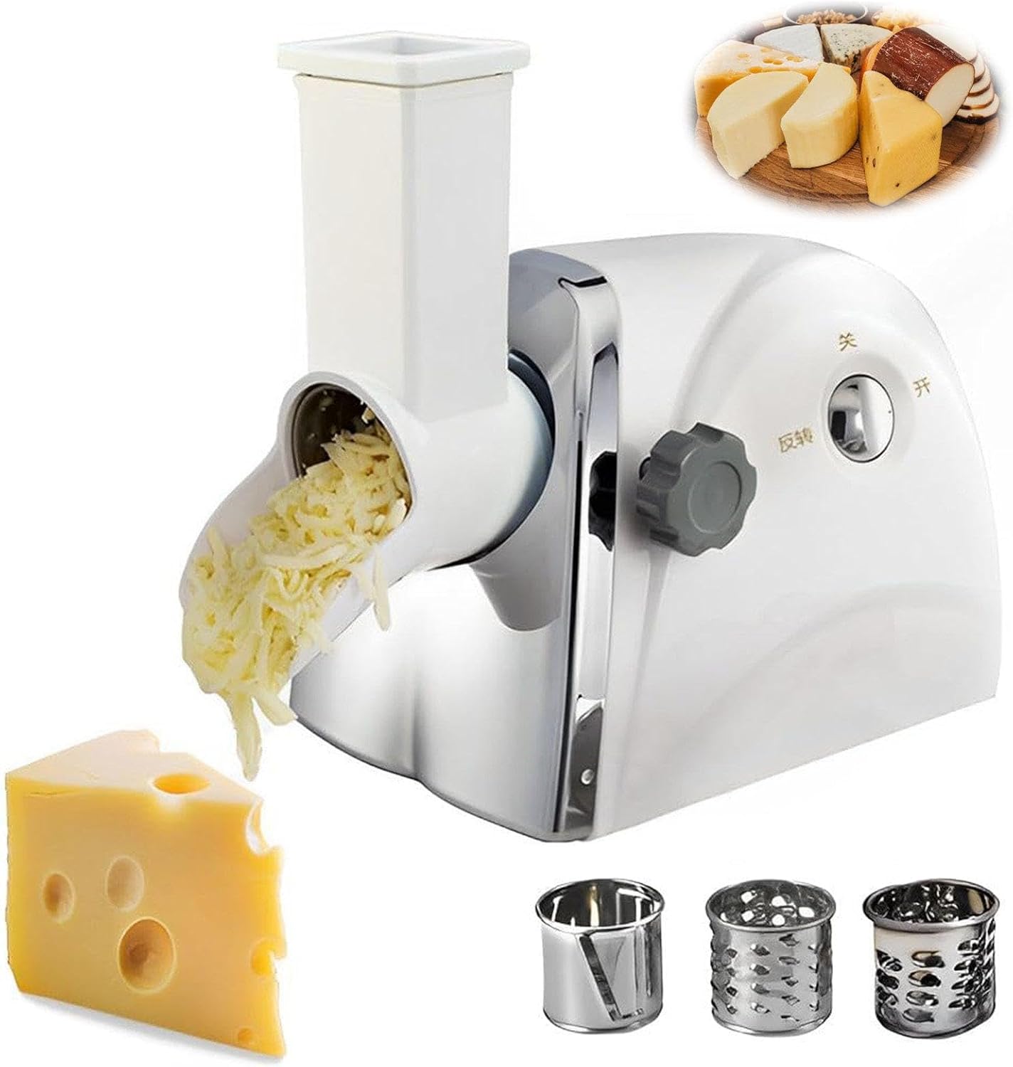 300 wの電動ロータリーチーズシュレッダーマシン+逆機能、電動チーズおろし器、ステンレス製の回転刃、ポテトおろし器、野菜スライサー