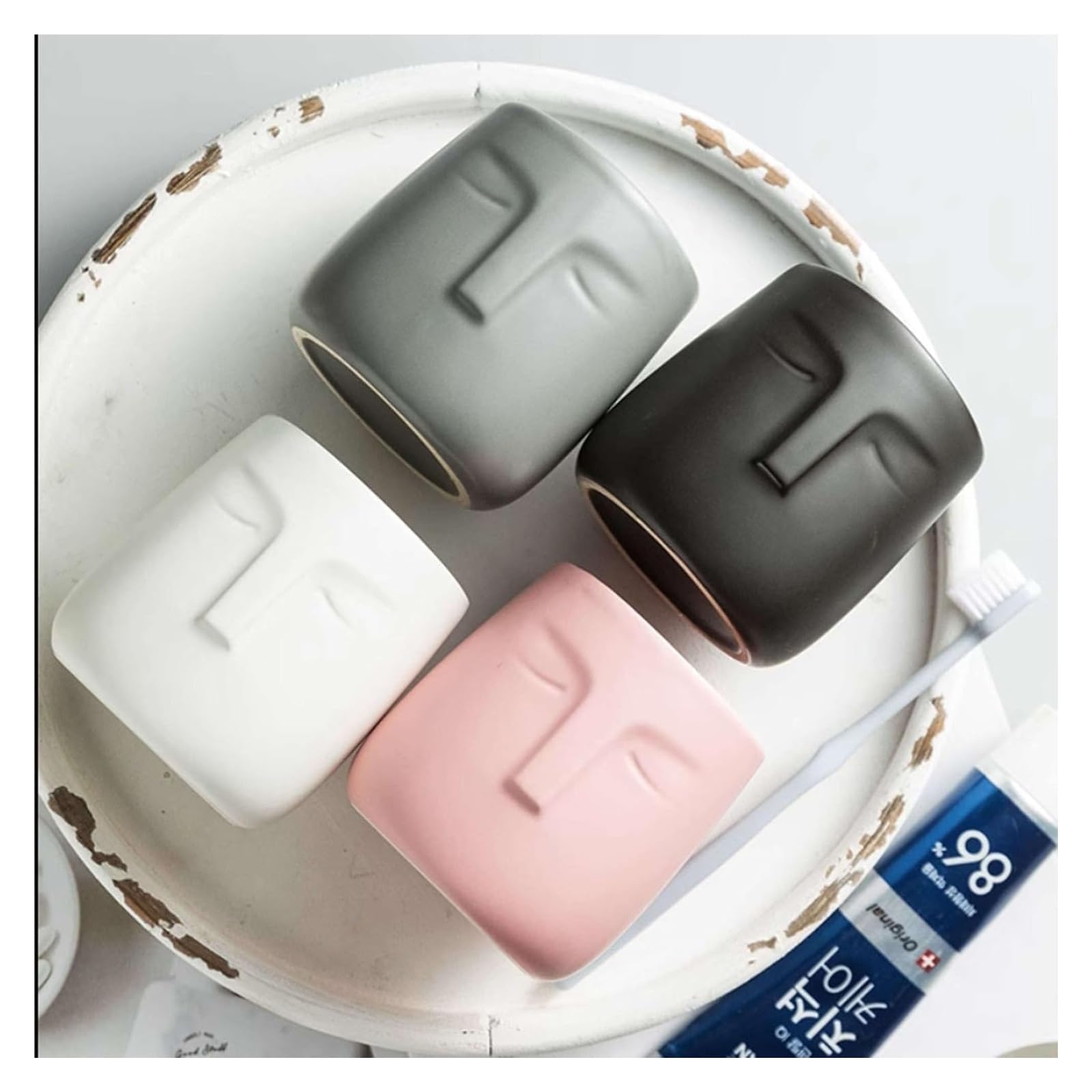 Dozownik mydła, Kubek do płukania ust Nordic Matte Ceramic z dozownikiem balsamu, kształt twarzy, jednokolorowe akcesoria łazienkowe(Black)