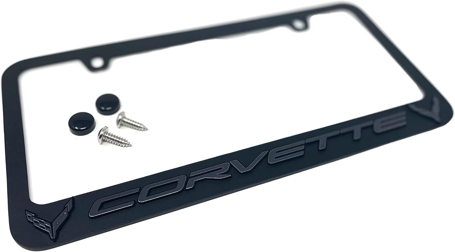 C8 Corvette License Plate Frame - Black with Black C8 Crossed Flags Logo for 2020-2025 Stingray, Z51, Z06, E-Ray Corvettes (Black)