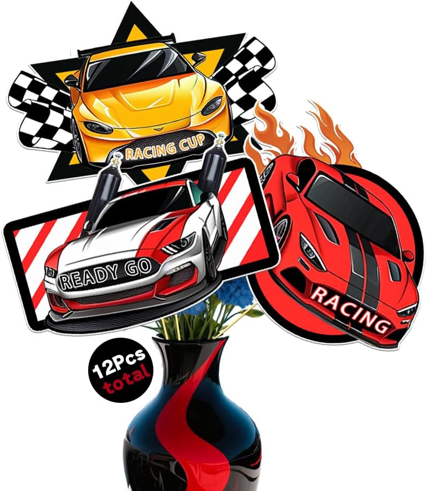 Race Car Centerpiece Sticks 12Pcs Racing Car Photo Booth Props Racing Car Table/Cake Toppers for Car Theme Birthday Baby Shower Party Decorations
