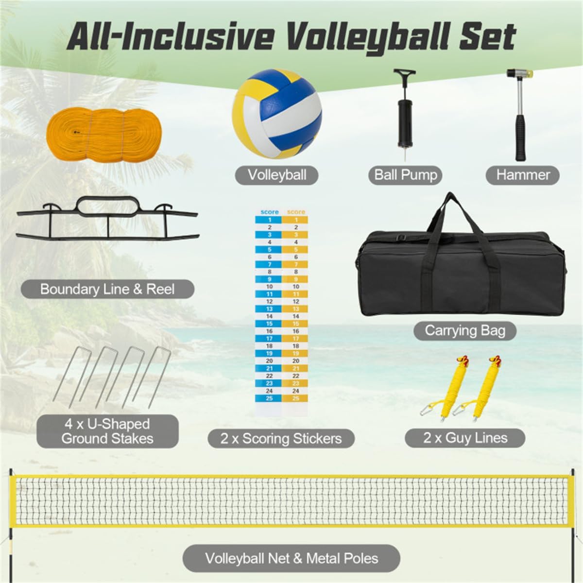 32'x3' Heavy-Duty Volleyball Net Set - 3-Level Adjustable Poles, Anti-Sag Winch, All-Inclusive Accessories-Yellow