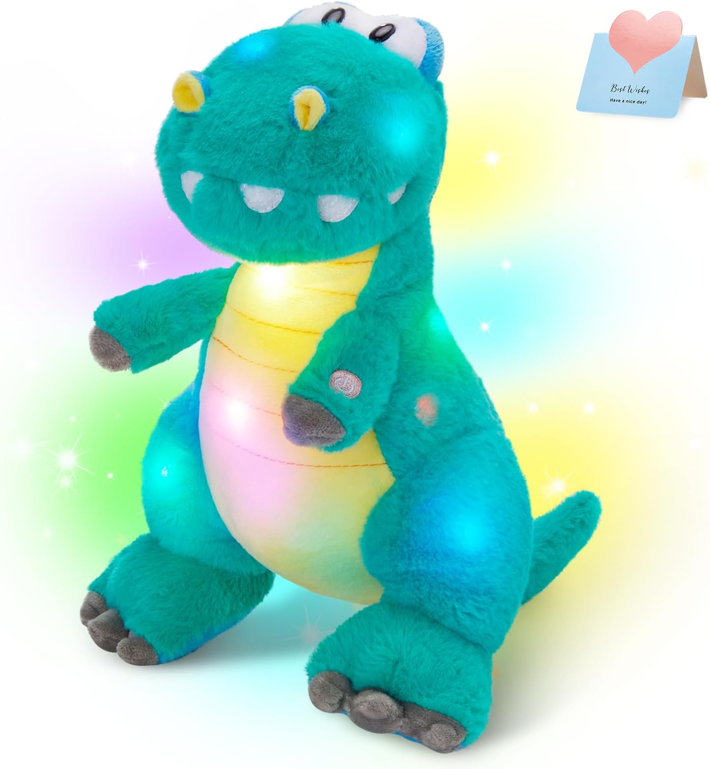 13'' Green LED Glowing Dinosaur T-Rex Light Up Stuffed Animal Night Light Plush Toy Hugging Soft Kawaii Gifts for Kids Boys Girls Decoration Holiday Birthday Present