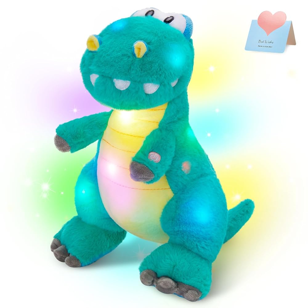 Houwsbaby 13\'\' Green LED Glowing Dinosaur T-Rex Light Up Stuffed Animal Night Light Plush Toy Hugging Soft Kawaii Gifts for Kids Boys Girls Decoration Holiday Birthday Present