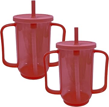 Qancesd 2 Pack Adult Sippy Cups for Elderly 2 Handles Straw Cups 12oz No Spill Cups for Adults Dysphagia Cups for Disabled Patients Limited Mobility, Red