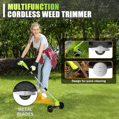 Aokia Weed Wacker Cordless for Lawn: 12V Electric String Trimmer with Wheel - Lightweight 2.0Ah Li-Ion Battery Powered for Yard, Garden, Hedge - Grass Edger with 2 Cutting Blade Types