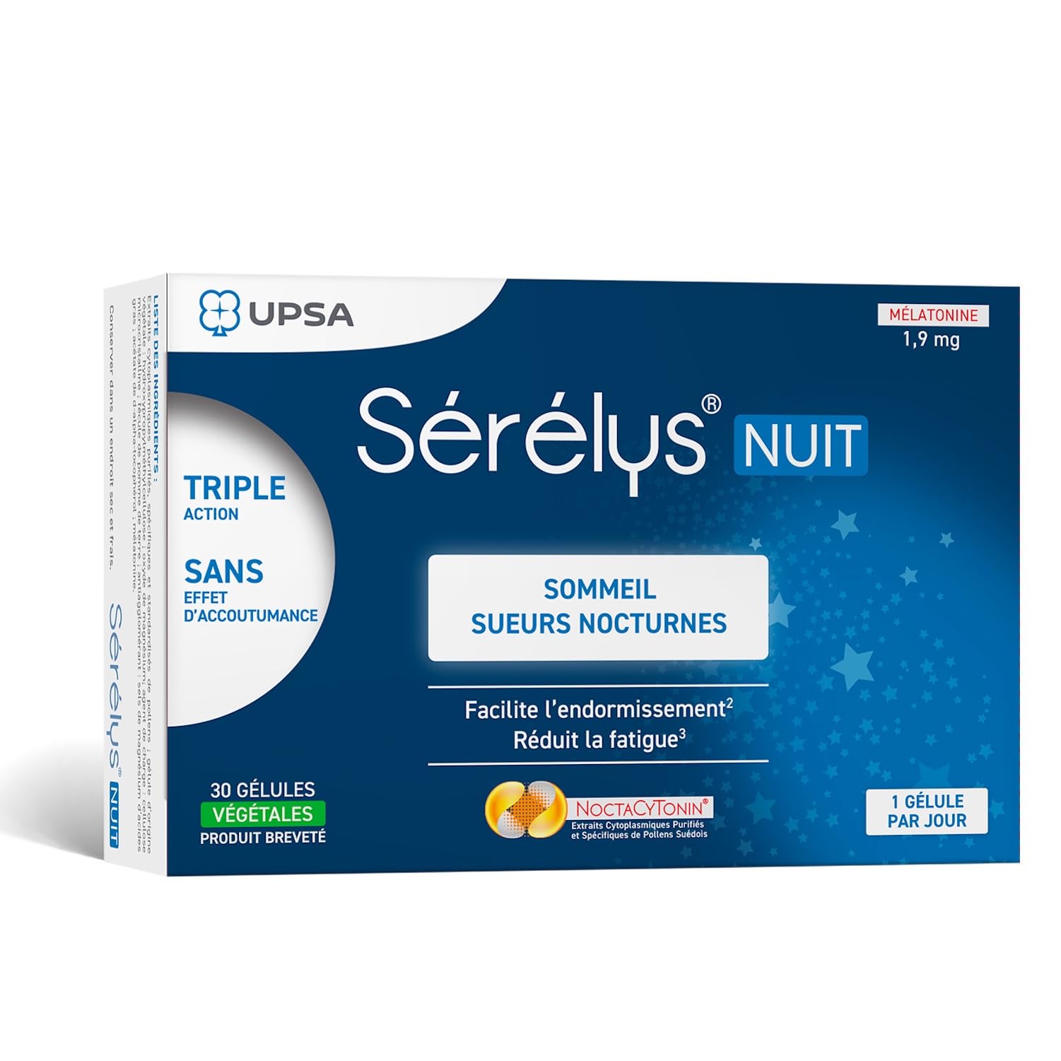 UPSA - Sérélys NUIT- Complément Alimentaire à Base de Mélatonine 1,9 mg, Magnésium & Vitamine E - Endormissement, Fatigue, Troubles du Sommeil & Sueurs Nocturnes - 30 Gélules Végétales - 1 mois