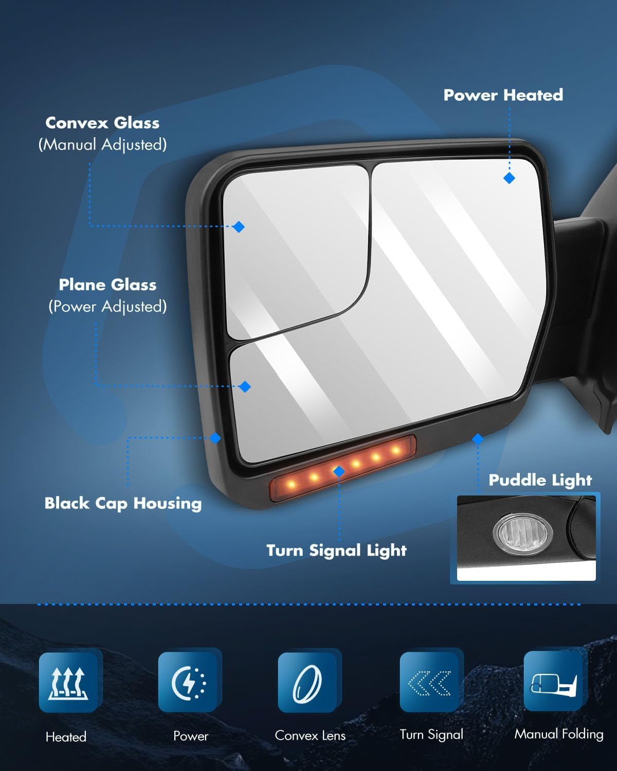 ECCPP Towing Mirror Replacement Fit For 2004-2014 For Ford For F150 Towing Mirror with Power Control Heated Manual Folding Reflector Passenger Side