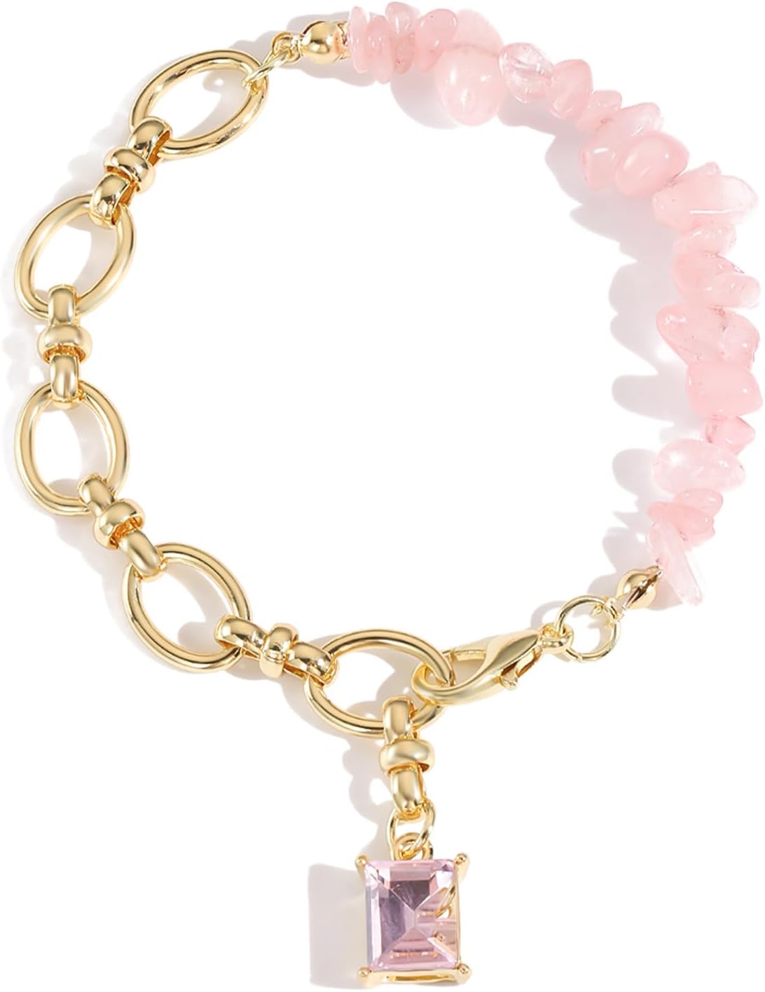 HETICA Pink Stone Chain Bracelet for Women Square Gem Charm Chunk Gold Link Bracelet Jewelry Gifts