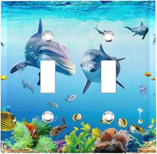 Underwater World Dolphin - Cubierta para interruptor de doble luz, placa de pared decorativa de 2 bandas, cubierta de toma de corriente eléctrica