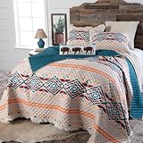 Picture of Rod's Sundance Southwest (Quilt Set) - Aztec Diamond Ruffle - Turquoise Blue Coral Red Tan - 3 Piece King Bedding Set - (1) King Quilt (105x95in) and (2) King Shams (20x36in)