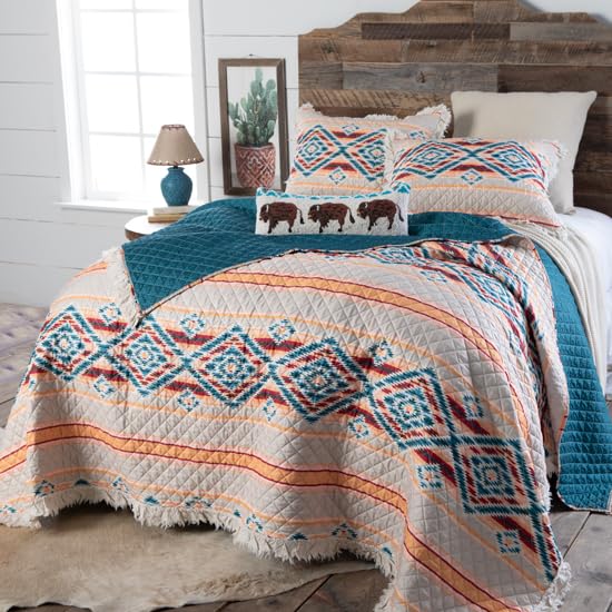 Rod's Sundance Southwest (Quilt Set) - Aztec Diamond Ruffle - Turquoise Blue Coral Red Tan - 3 Piece King Bedding Set - (1) King Quilt (105x95in) and (2) King Shams (20x36in)