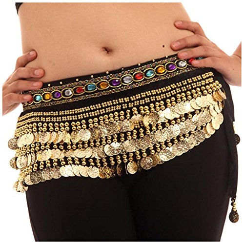 Image of VRITRAZ Women's Chiffon Belly Dance Hip Scarf Waistband Belt Skirt Mixed Colors Beads and Golded Coins 56 Black
