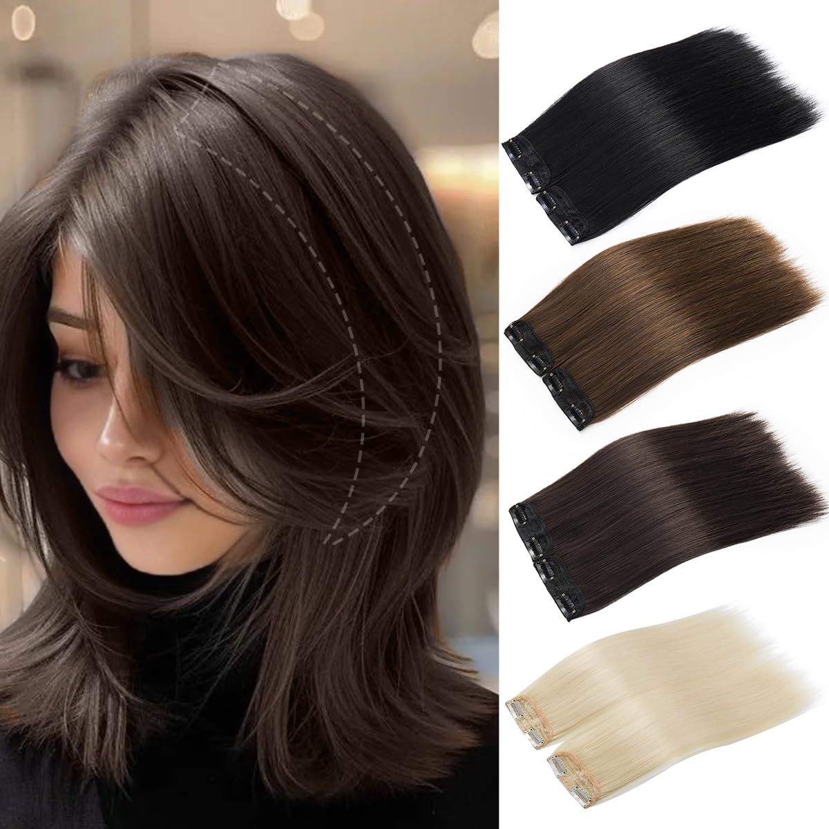 Yamel Clip in Hair Extensions 2 piece Set including 4 clips Short 8 inch Straight Synthetic Hairpieces for Women Hair Volumizing Darkest Brown