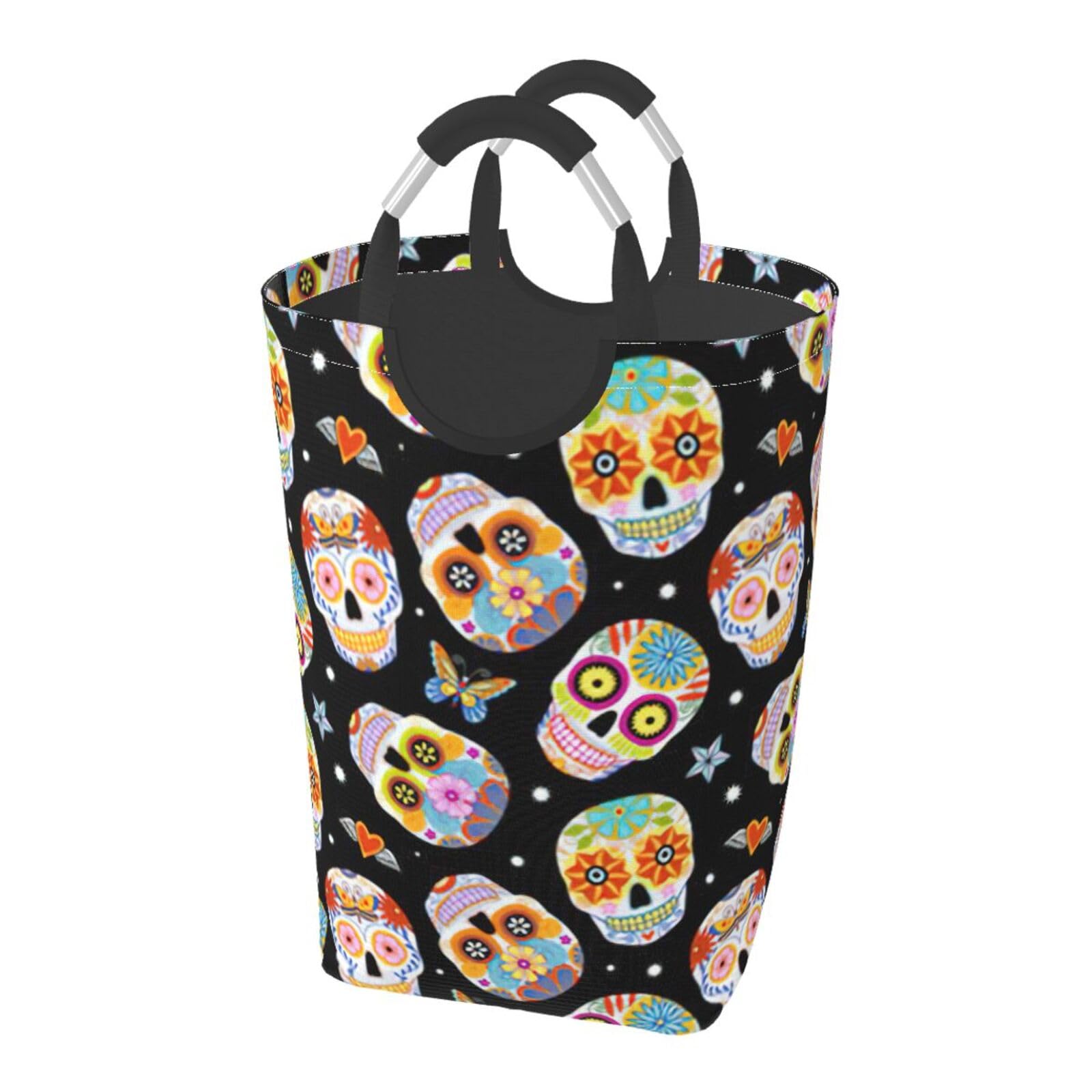 Sugar Skulls Butterfly Print Laundry Hamper Collapsible Baskets With Handle Dirty Clothes Hamper Bag For Dorm Family Bathroom Decor Storage ﻿